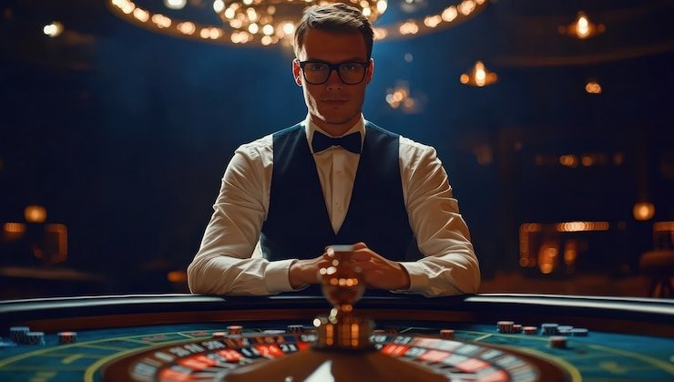 Studio dealer langsung SA Gaming di bandarkoin99 menampilkan baccarat dengan dealer profesional